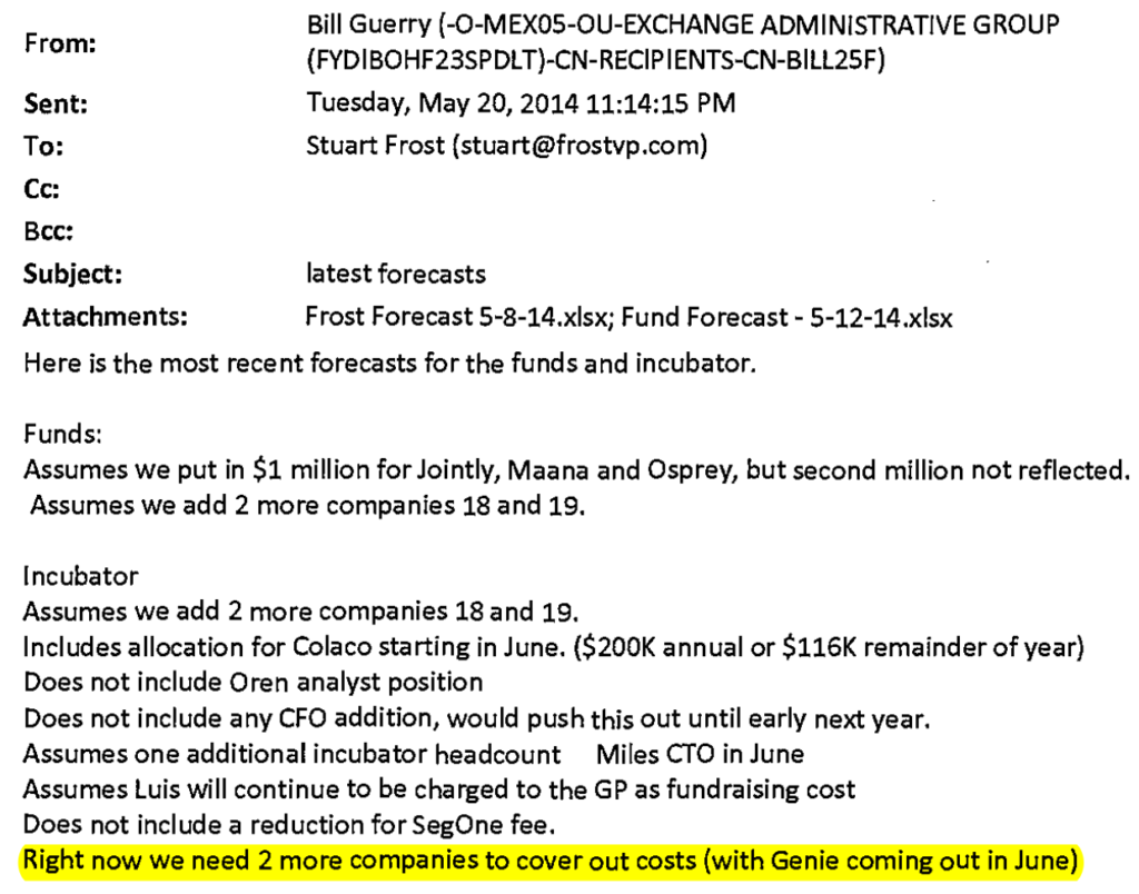 From: Bill Guerry
To: Stuart Frost
Subject: latest forecasts
Attachments: Frost Forecast 5-8-14.xslx; Fund Forecast - 5-12-14.xslx

Here is the most recent forecasts for the fund and incubator.

Funds:
Assumes we put in $1 million for Jointly, Maana and Osprey, but second million not reflected. Assumes we add 2 more companies 18 and 19.

Incubator
Assumes we add 2 more companies 18 and 19.
INcludes allocation for Colaco starting in June. ($200k annual or $116k remainder of the year)
Does not include Oren analyst position
Does not include any CFO addition, would push this out until early next year.
Assumes one additional incubator headcount       Miles CTO in June
Assumes Luis will continue to be charged to the GP as fundraising cost
Does not include a reduction for SegOne fee.
***Right now we need 2 more companies to cover our costs (with Genie coming out in June)***